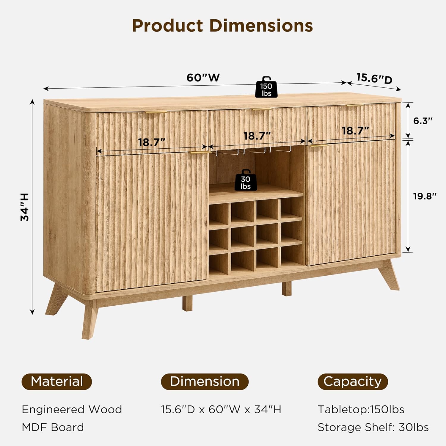 OKD 60' Fluted Wine Bar Cabinet, Mid-Century Modern Sideboard, Natural Oak | 3 Spacious Drawers, 3 Stemware Racks, 12 Wine Racks, Tapered Wood Legs, Adjustable Shelves, Sideboard Storage