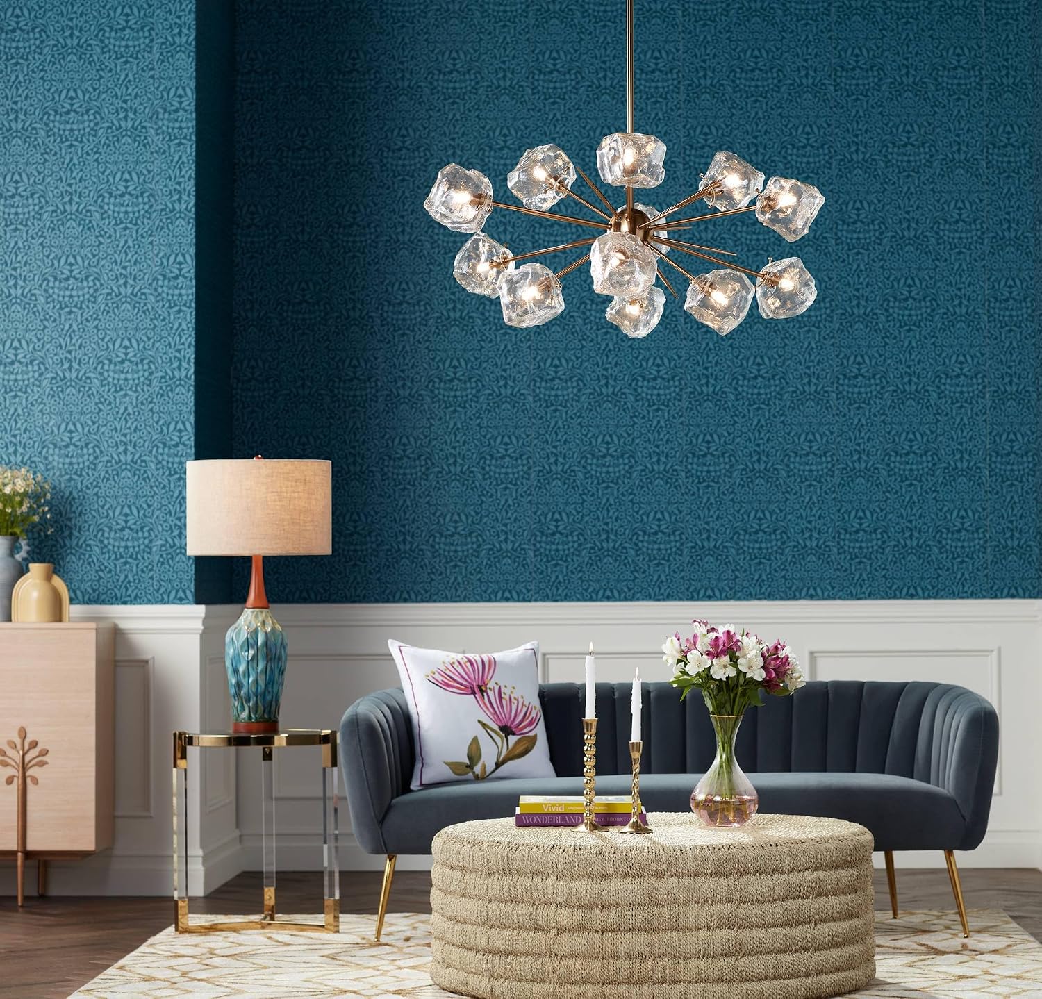 360 Lighting Rocco Mid Century Modern 3-Way Table Lamp with Table Top Dimmer 30' Tall Blue Teal Glaze Ceramic Cherry Wood Linen Fabric Drum Shade for Cottage Core Living Room (Colors May Vary)