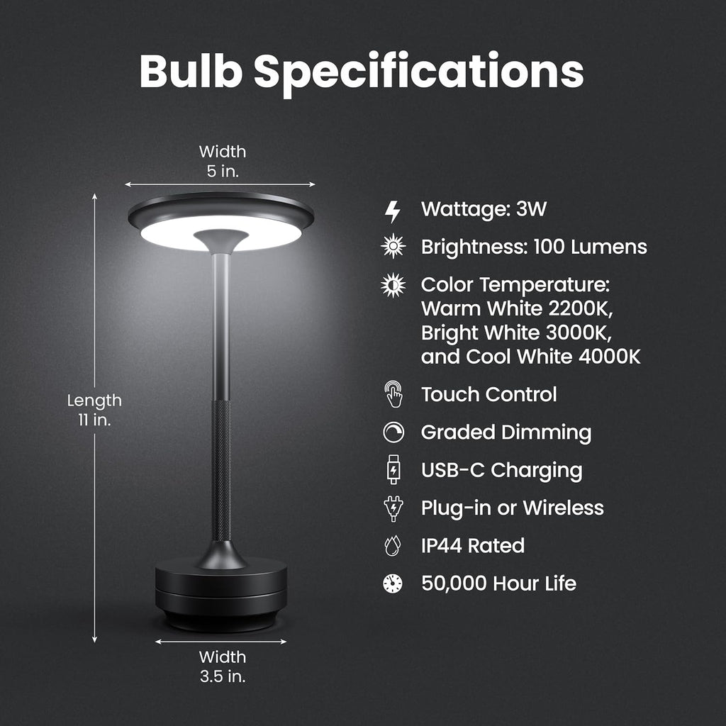 Feit Electric Tabletop Lamp, Touch-Activated, 3-Way Dimmable, 100 Lumens, 3 Watts, Potable & Rechargeable for Indoor/Outdoor Use, 50,000-Hour Lifetime, TABLE/3CCT/BK/BAT/4, 4 Pack