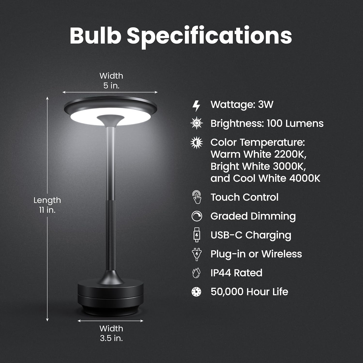 Feit Electric Tabletop Lamp, Touch-Activated, 3-Way Dimmable, 100 Lumens, 3 Watts, Potable & Rechargeable for Indoor/Outdoor Use, 50,000-Hour Lifetime, TABLE/3CCT/BK/BAT/4, 4 Pack
