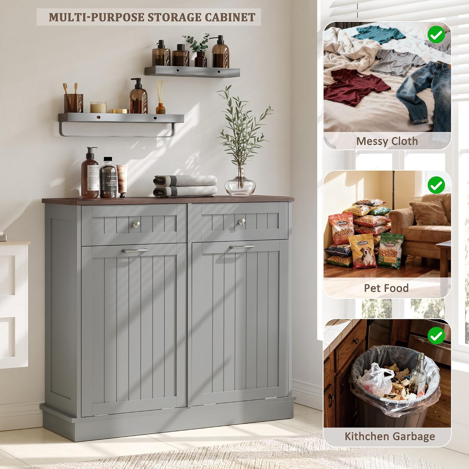 KIGOTY Double Tilt Out Trash Can Cabinet, 20 Gallon Hidden Trash Storage Cabinet with 2 Hideaway Drawers, Freestanding Trash Can for Kitchen, Wooden Laundry Hamper Cabinet, Pet Proof (Grey)