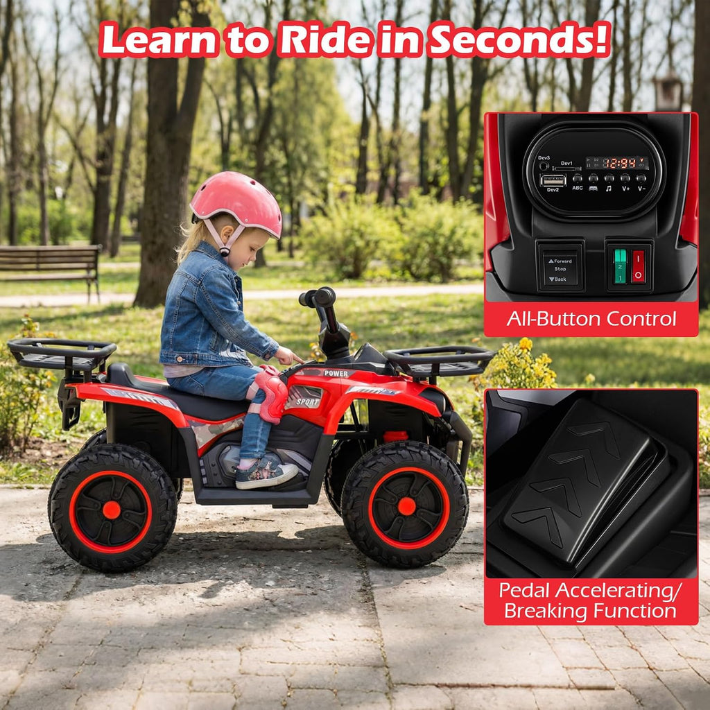 OLAKIDS 12V Kids ATV Quad with 2 Speeds, Spring Suspension, LED Lights, Music & Story Player, Big Tires, 2 Storage Spaces, Ride On Car for Boys Girls Ages 3+ (12V, Red)