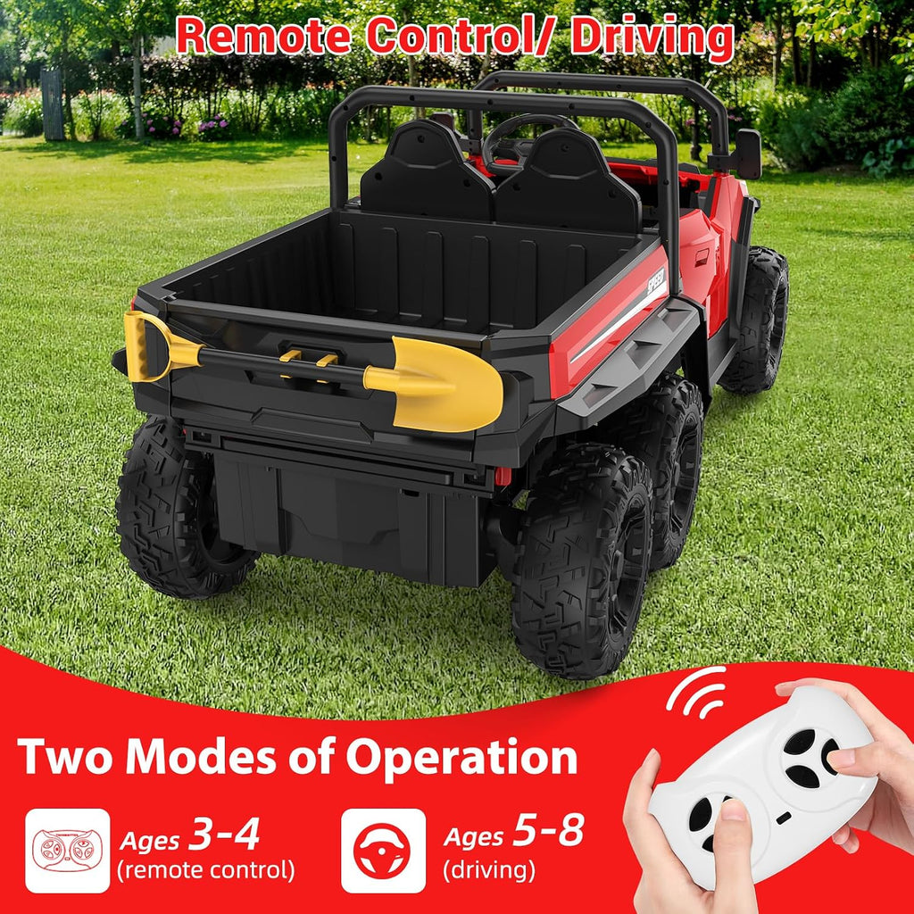 Garvee 24V 4WD Electric Ride On Dump Truck with Remote Control | 2-Seater Kids Ride On Car | Music Player & LED Lights | Birthday Gift for Ages 3+ (Key Start Safety System)