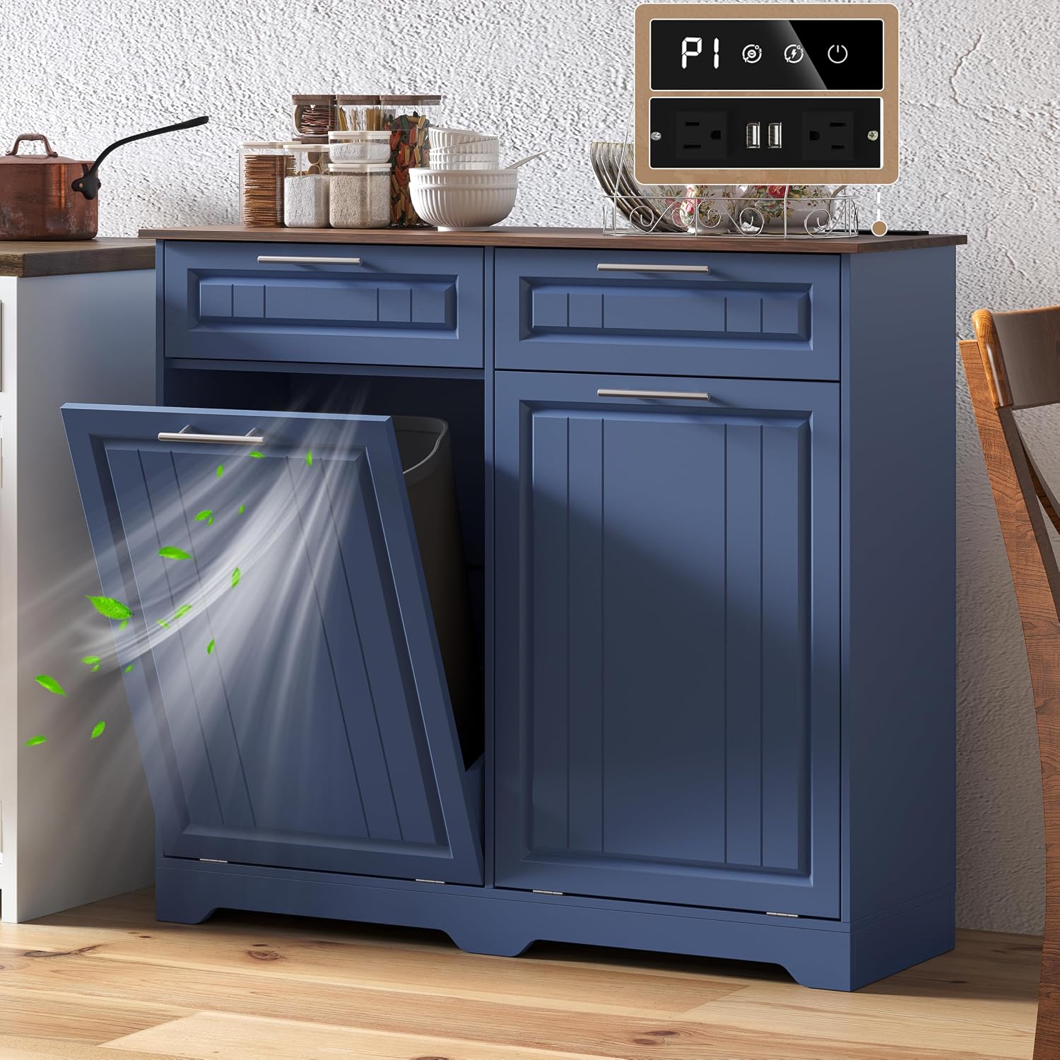 2 x 10 Gallon Double Tilt Out Trash Can Cabinet with Deodorizing Function & Charging Station, Hidden Laundry Hamper Cabinet with Storage Drawers, Garbage Can Holder for Kitchen, Bathroom, Blue