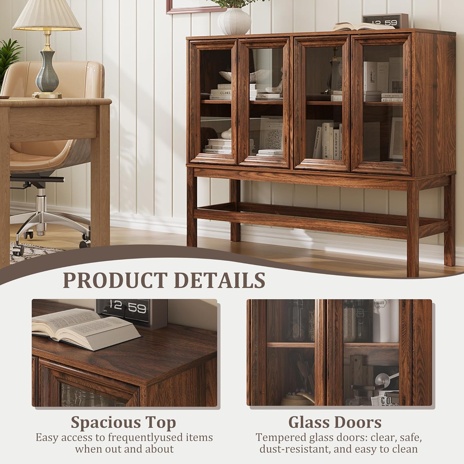 Sideboard Buffet Cabinet with Storage, Small Kitchen Coffee Wine Bar Cabinet with Glass Press-to-Open Doors, Wood Mid Century Modern Side Board Table for Dining Room, Living Room