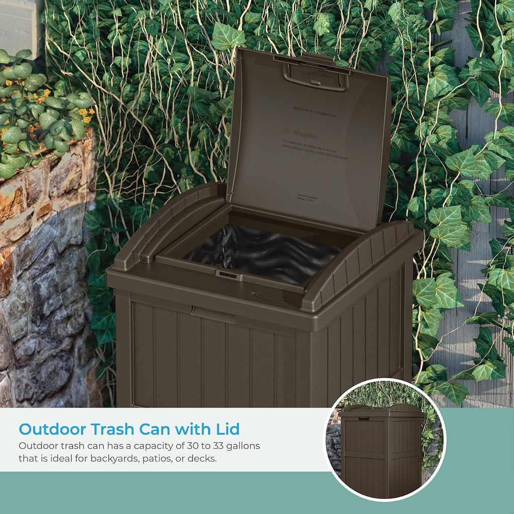 Suncast 33 Gallon Durable Plastic Hideaway Outdoor Garbage Can with Secure Lid and Wicker Design for Home Backyards, Decks, or Patios, Java Brown & 22 Gallon Small Resin Storage Seat, Java, SSW600J