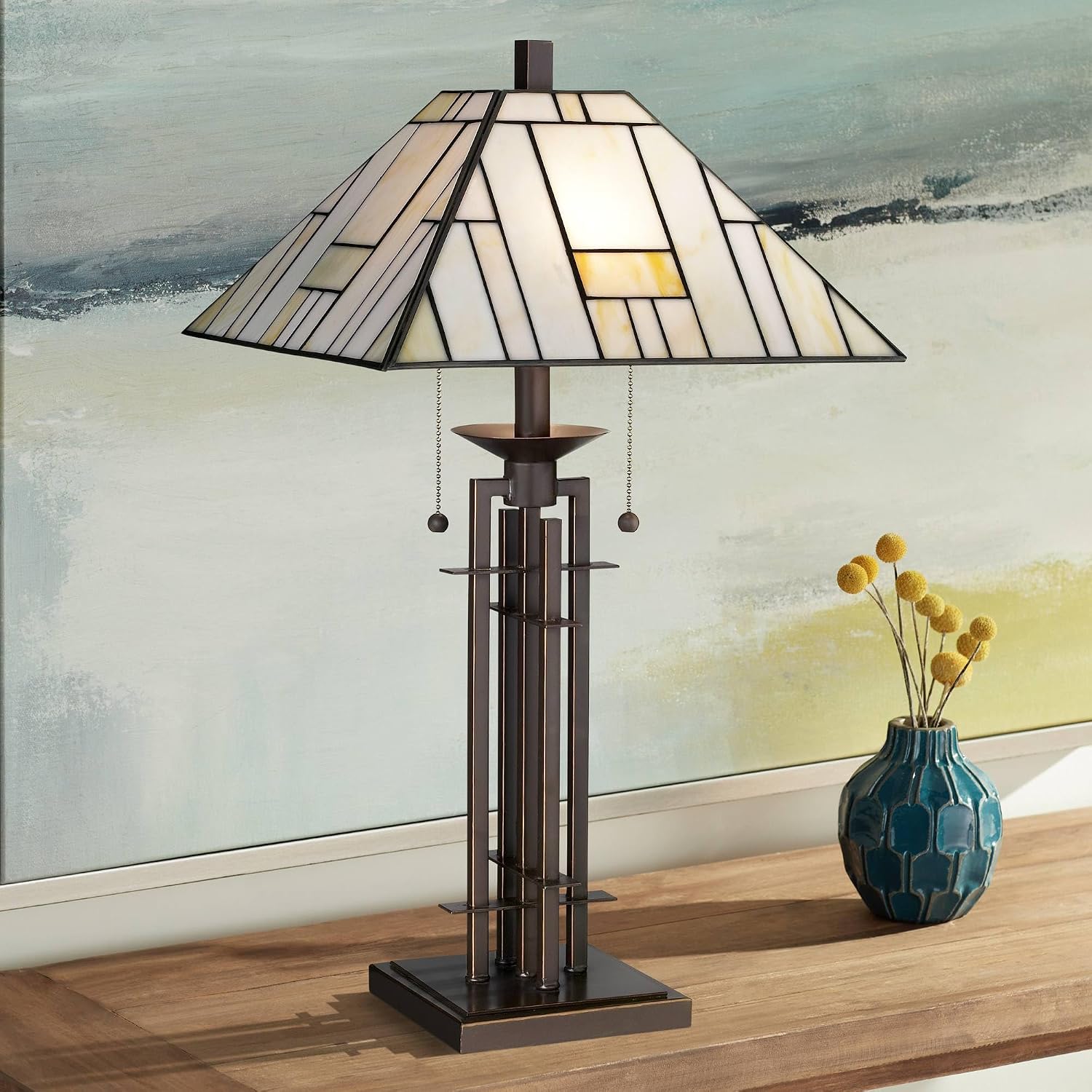 Franklin Iron Works Mission Tiffany Style 3-Way Table Lamp with Table Top Dimmer 26.5' High Bronze Wrought Iron Stained Glass Shade for Living Room Bedroom House Bedside Nightstand Home