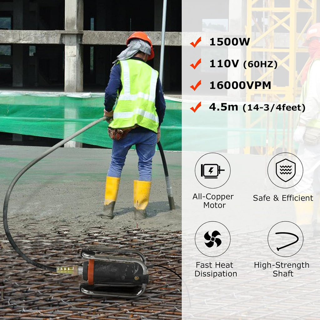 Seeutek Concrete Vibrating Tool - 1500W 16000 RPM Portable Pencil Cement Vibrator to Remove Air Bubbles and Level Concrete with 4.5m (14-3/4ft) Long Shaft Rod, Easy to Use