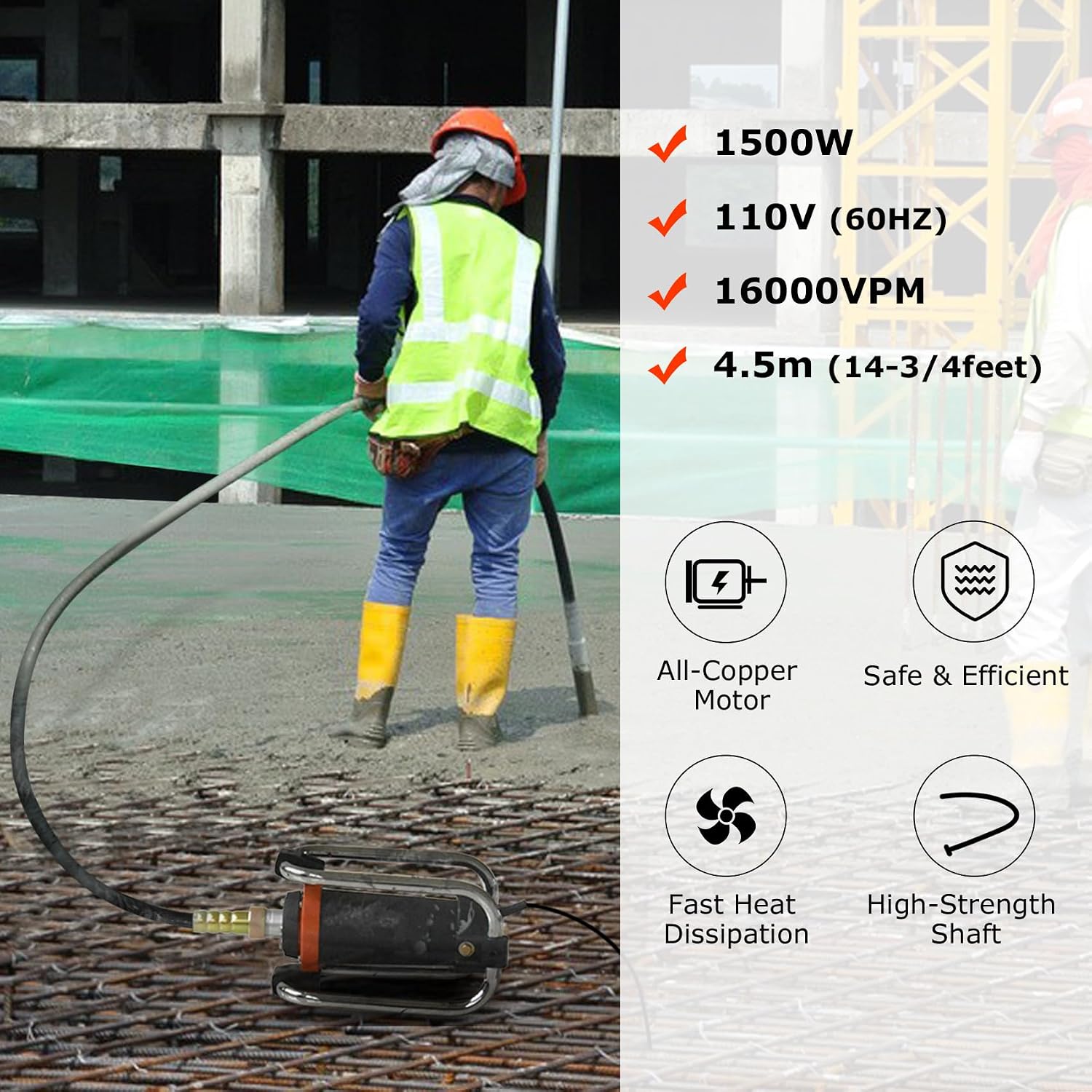 Seeutek Concrete Vibrating Tool - 1500W 16000 RPM Portable Pencil Cement Vibrator to Remove Air Bubbles and Level Concrete with 4.5m (14-3/4ft) Long Shaft Rod, Easy to Use