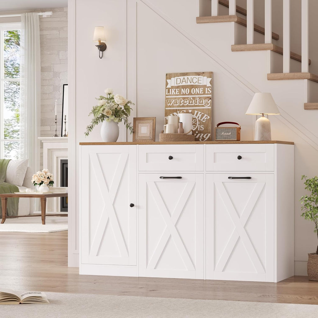 HOSTACK 12.5 Gallon Kitchen Trash Cabinet, 47' Double Trash Can Cabinet, Large Pull Out Can Storage Drawers, Wood Farmhouse Hidden Garbage Storage Buffet for Kitchen, Dining Room, White