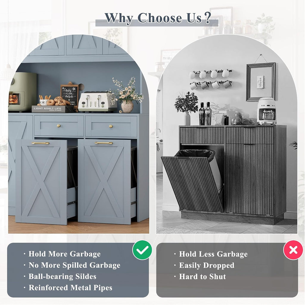 HOSTACK 12.5 Gallon Kitchen Trash Cabinet, 47' Double Trash Can Cabinet, Large Pull Out Can Storage Drawers, Wood Farmhouse Hidden Garbage Storage Buffet for Kitchen, Dining Room, Blue