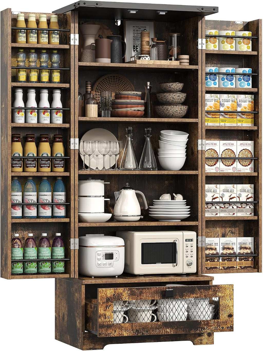 kepptory Pantry Cabinet with Adjustable Shelves and Drawer, Kitchen Cabinet Buffet Cupboards Storage for Home Office (Brown, 16' D x 24' W x 55' H)