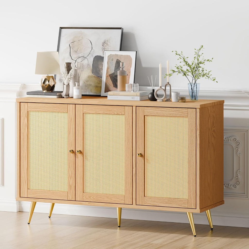 JAMFLY 47.2' Buffet Sideboard Cabinet with Storage, Kitchen Storage with 3 Rattan Decorated Doors, Accent Cabinet for Dining Room, Living Room, Entryway, Hallway, Natural