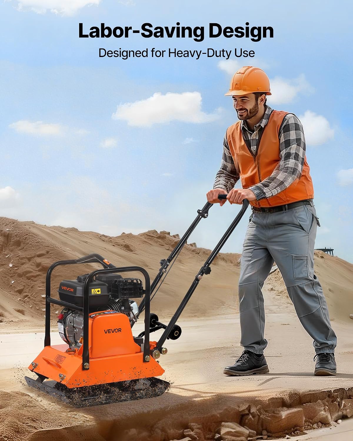 VEVOR Plate Compactor, 6.5 HP 196CC Gas Engine, 5700 VPM Vibrating Ground Rammer, 4047 lbs Compaction Force, 21 x 16 in Plate, Walk Behind Compactor for Paver Landscaping, Asphalt, Foundation, Soil