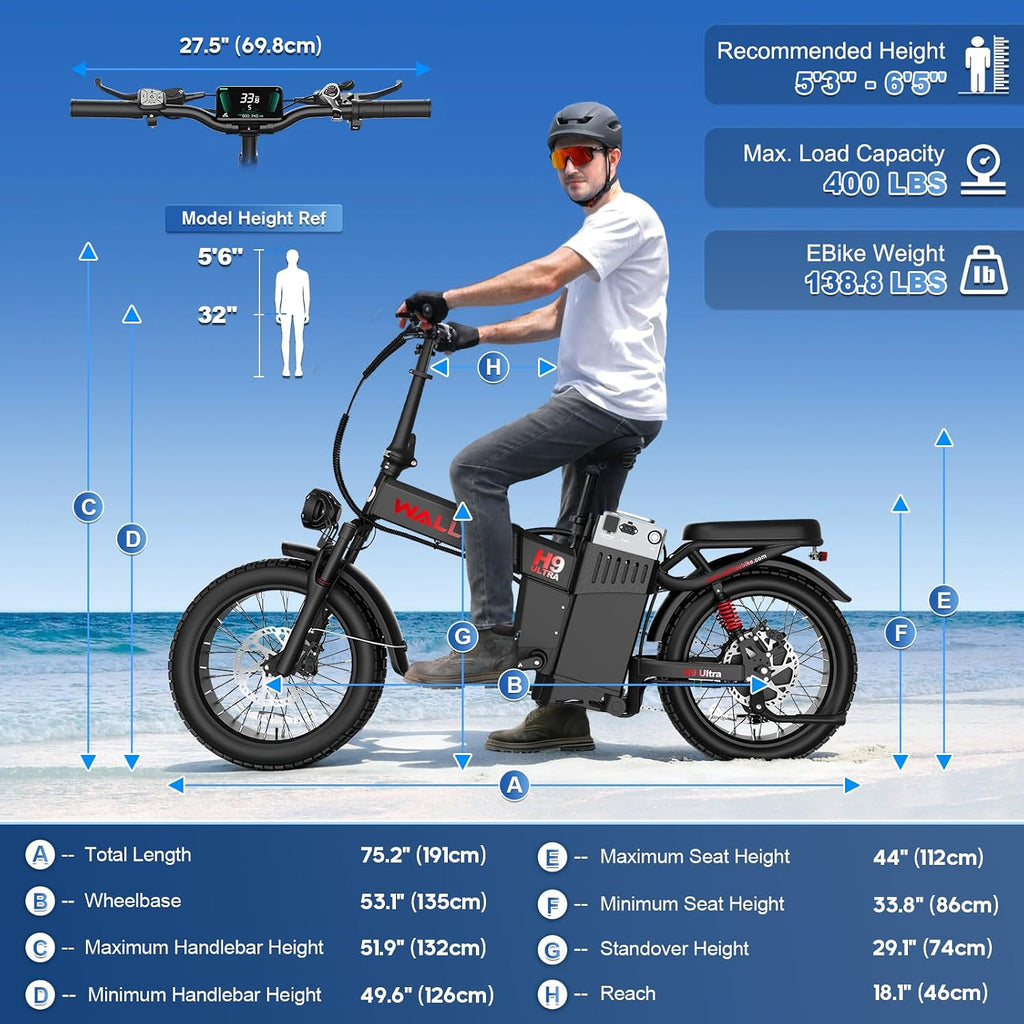 Wallke H9 Ultra 5000W Electric Bike with 2640Wh Power Hub, 48V 55Ah Removable Battery, 105NM Torque & 40MPH Fast Ebike for Adults, ARISUN All Terrain Fat Tire for Camping Commute, UL2849 Certified
