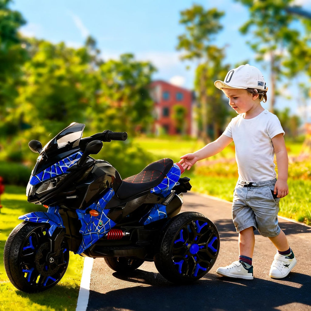 12V Kids Electric Motorcycle with Training Wheels | Plastic, PU seat, manual throttle, foot brake, USB, MP3, phone link, light-up wheels, ages 3-6, 45.3 W x 23.2 D x 28.7 H in