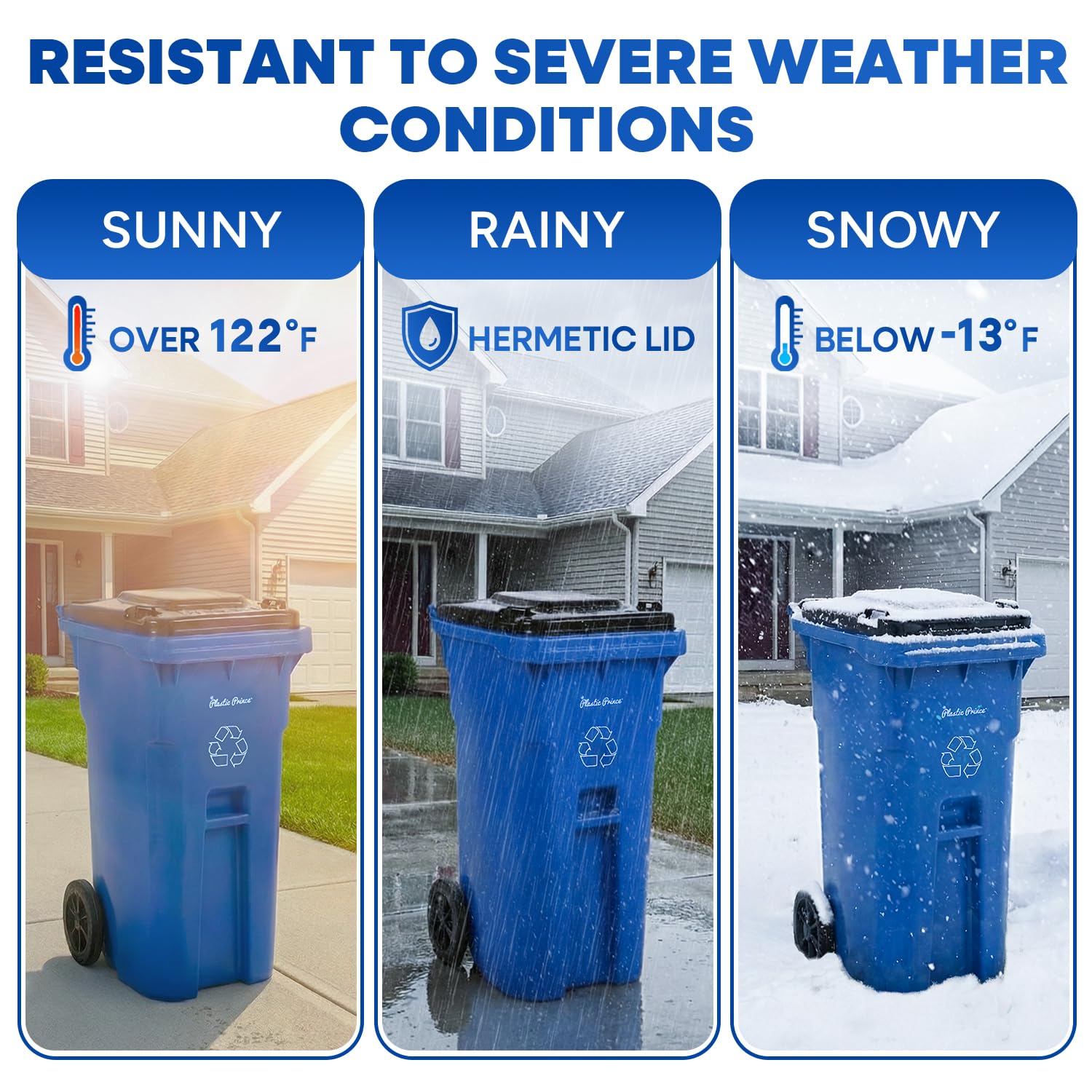 PLASTIC PRINCE 32 Gallon Trash Can Outdoor Recycling Bin with Lid and Wheels Heavy Duty Rolling Garbage Can with Lid Blue Recycle Trash Can with Wheels for Warehouse Hospital Restaurant Office
