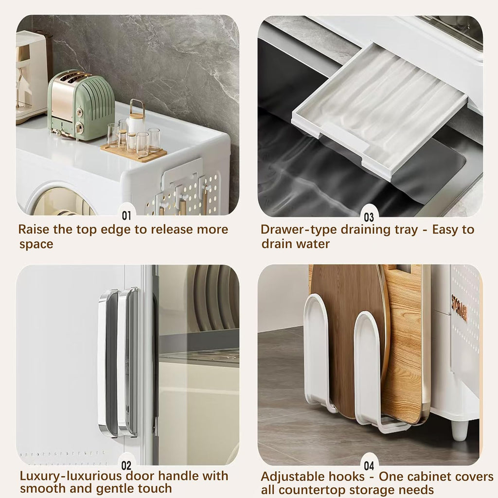 Kitchen Countertop with Drawers Dish Cabinet, Drainer Cabinet, Dual Door Design, Dustproof and Oil Resistant Multifunctional Kitchen Storage Cabinet (White-A)