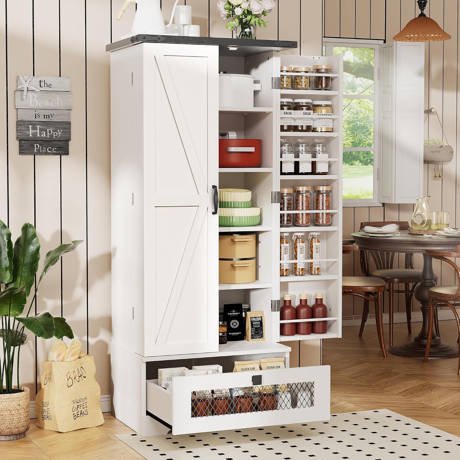 kepptory 55' Pantry Storage Cabinet with Adjustable Shelvesand Drawer, Buffet Cupboard for Kitchen
