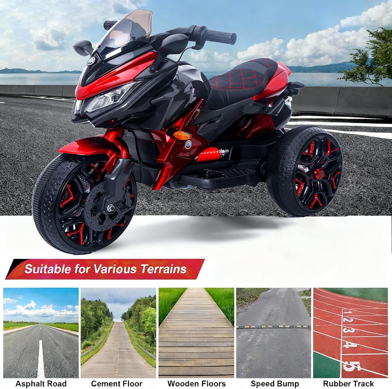 12V Kids Electric Motorcycle with Training Wheels | Plastic, PU seat, manual throttle, foot brake, USB, MP3, phone link, light-up wheels, ages 3-6, 45.3 W x 23.2 D x 28.7 H in