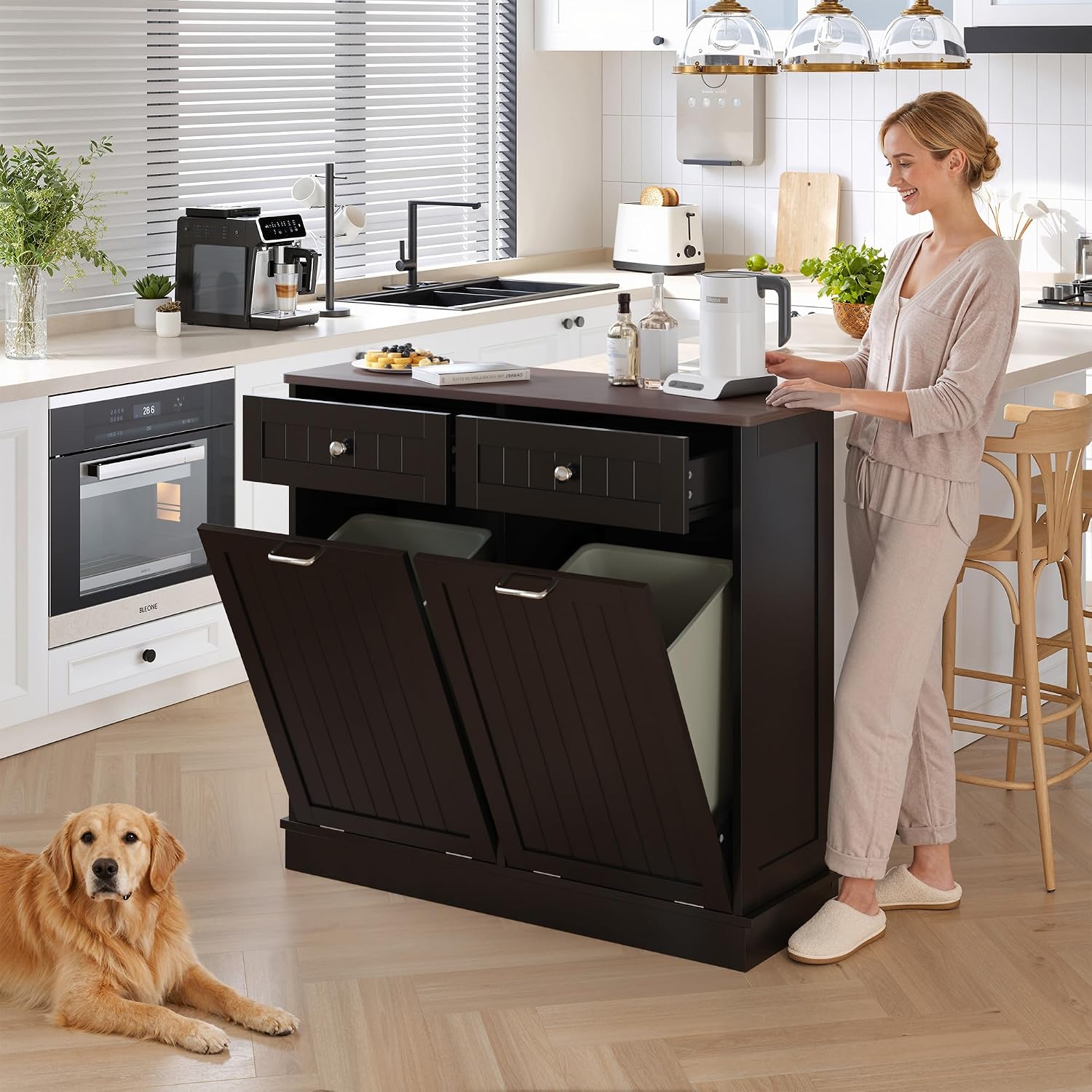 KIGOTY Double Tilt Out Trash Can Cabinet, 20 Gallon Hidden Trash Storage Cabinet with 2 Hideaway Drawers, Freestanding Trash Can for Kitchen, Wooden Laundry Hamper Cabinet, Pet Proof (Black)