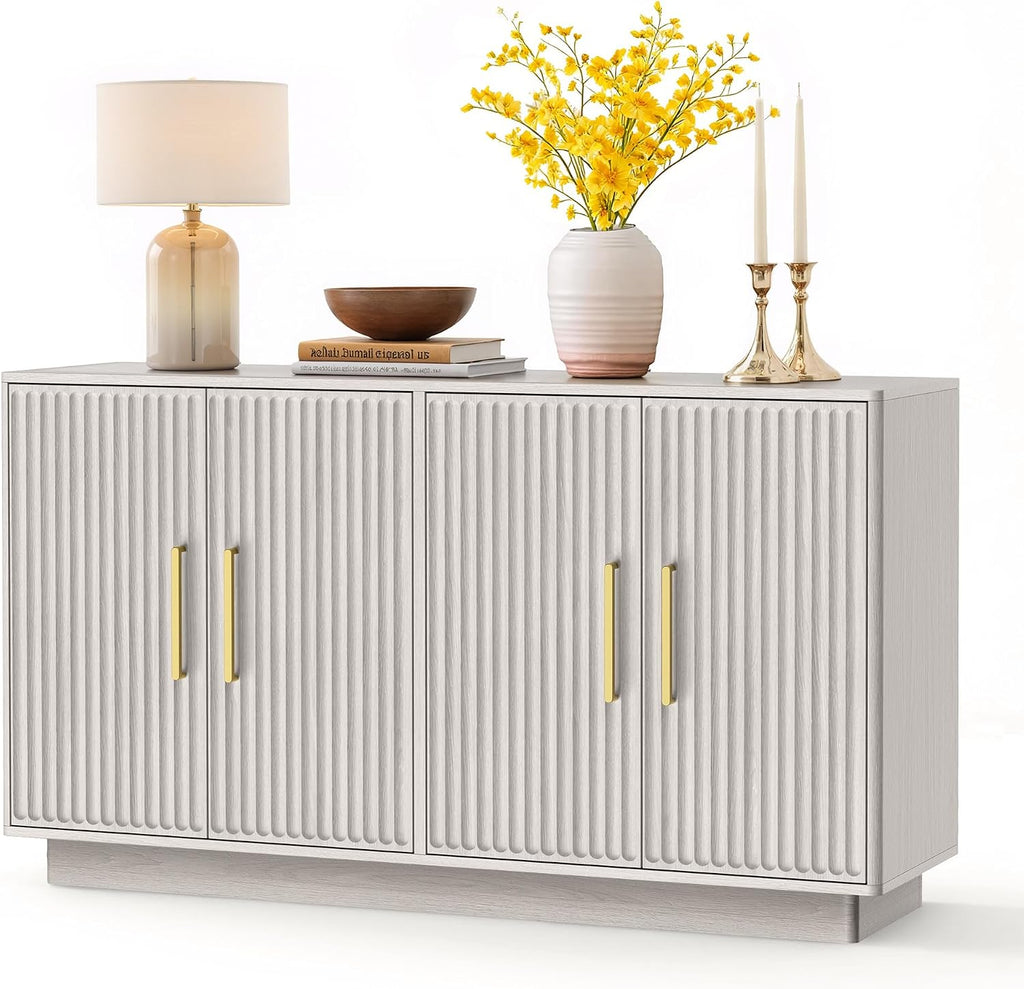 PAPROOS 55' Modern Fluted Sideboard Buffet Cabinet, Space-Saving Storage Credenza for Home Coffee Bar, 4-Door Accent Furniture with Adjustable Shelves for Clutter-Free Living (Beige Gray-1)