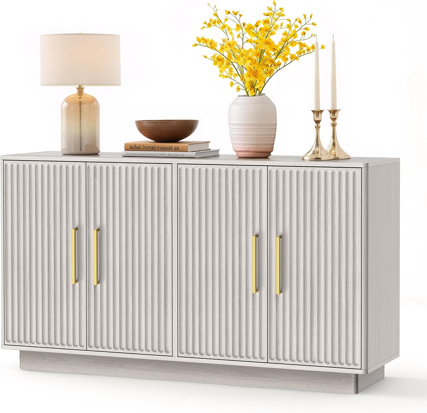 PAPROOS 55' Modern Fluted Sideboard Buffet Cabinet, Space-Saving Storage Credenza for Home Coffee Bar, 4-Door Accent Furniture with Adjustable Shelves for Clutter-Free Living (Beige Gray-1)