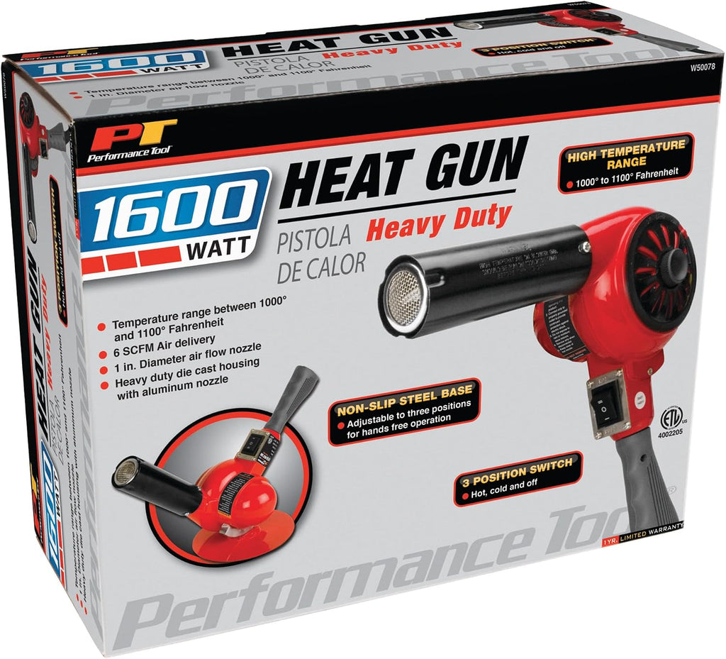 Performance Tool W50078 Professional Heavy Duty Heat Gun, 1100-Degree Fahrenheit, 1600-watt Heavy Duty Heat Gun