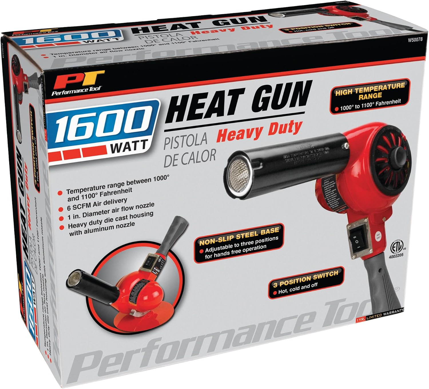 Performance Tool W50078 Professional Heavy Duty Heat Gun, 1100-Degree Fahrenheit, 1600-watt Heavy Duty Heat Gun