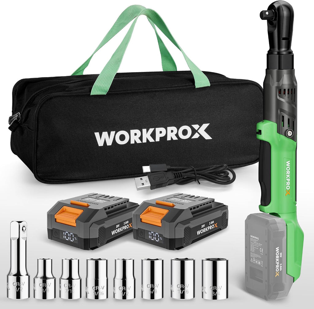 WORKPROX Electric Ratchet Wrench 1/2' Set, 20V Cordless Ratchet Wrench Kit, 74Ft-lbs, 250RPM, Battery Powered Ratchet with LED Light, 2-Pack 2000mAh Batteries, 7 Sockets & 3' Extension Bar