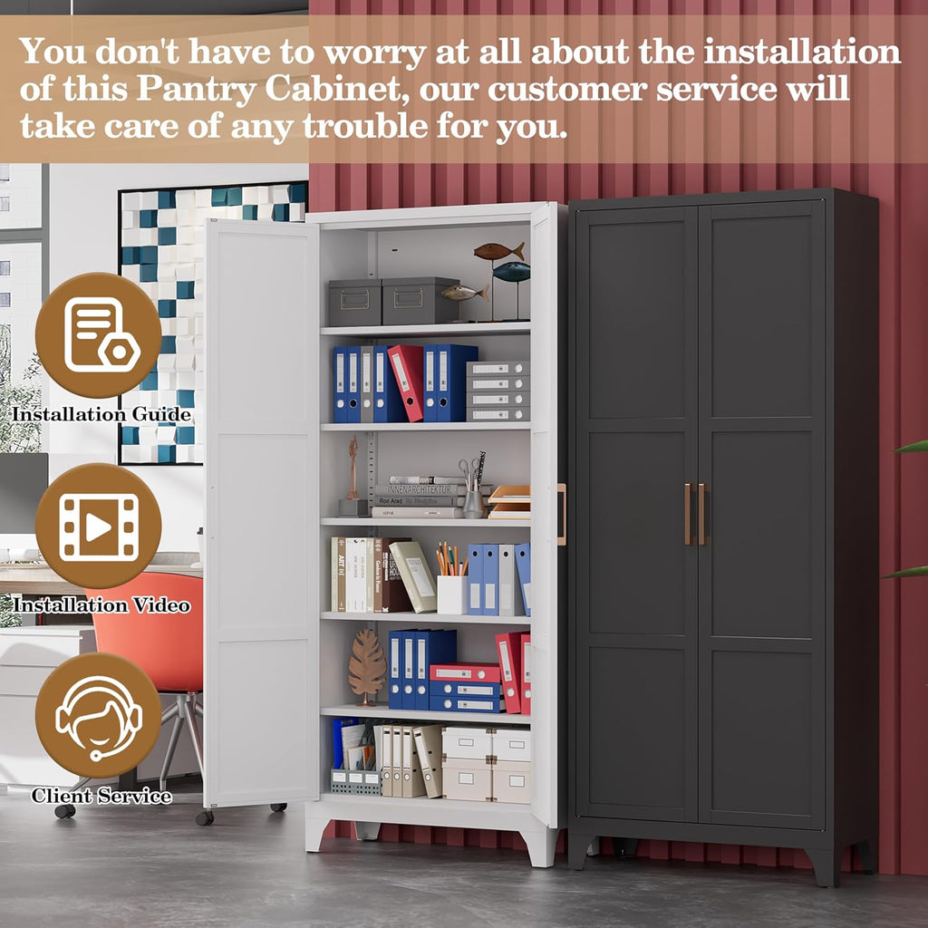 74.8' Black Freestanding Metal Pantry Cabinet, Magnetic Doors & 5 Adjustable Shelves, Anti-Tip Closed Storage Cupboard for Kitchen, Laundry, Garage & Home Office