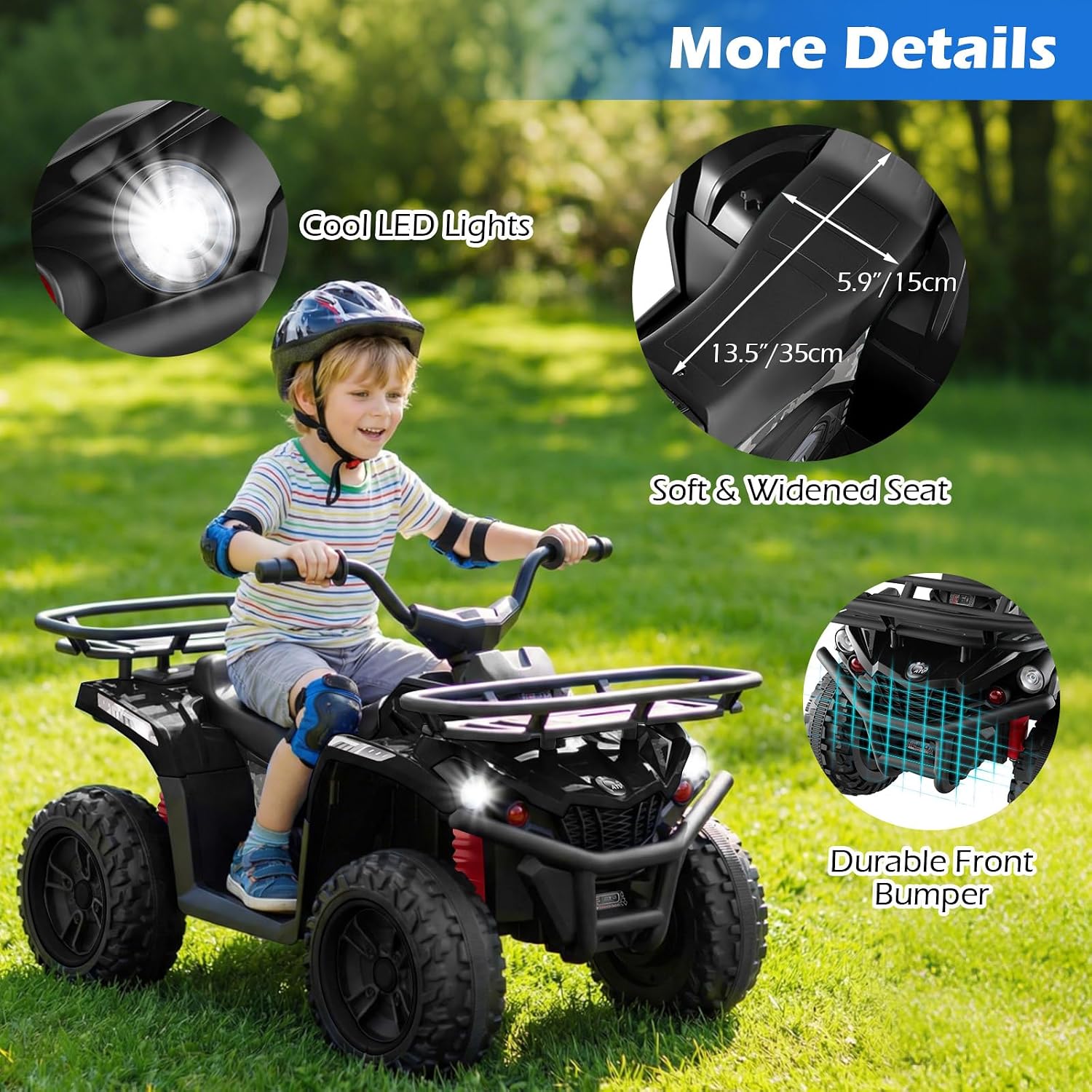 OLAKIDS 24V Kids ATV Quad with 2 Speeds, Spring Suspension, LED Lights, Music & Story Player, Big Tires, 2 Storage Spaces, Ride On Car for Boys Girls Ages 3+ (24V, Dark)