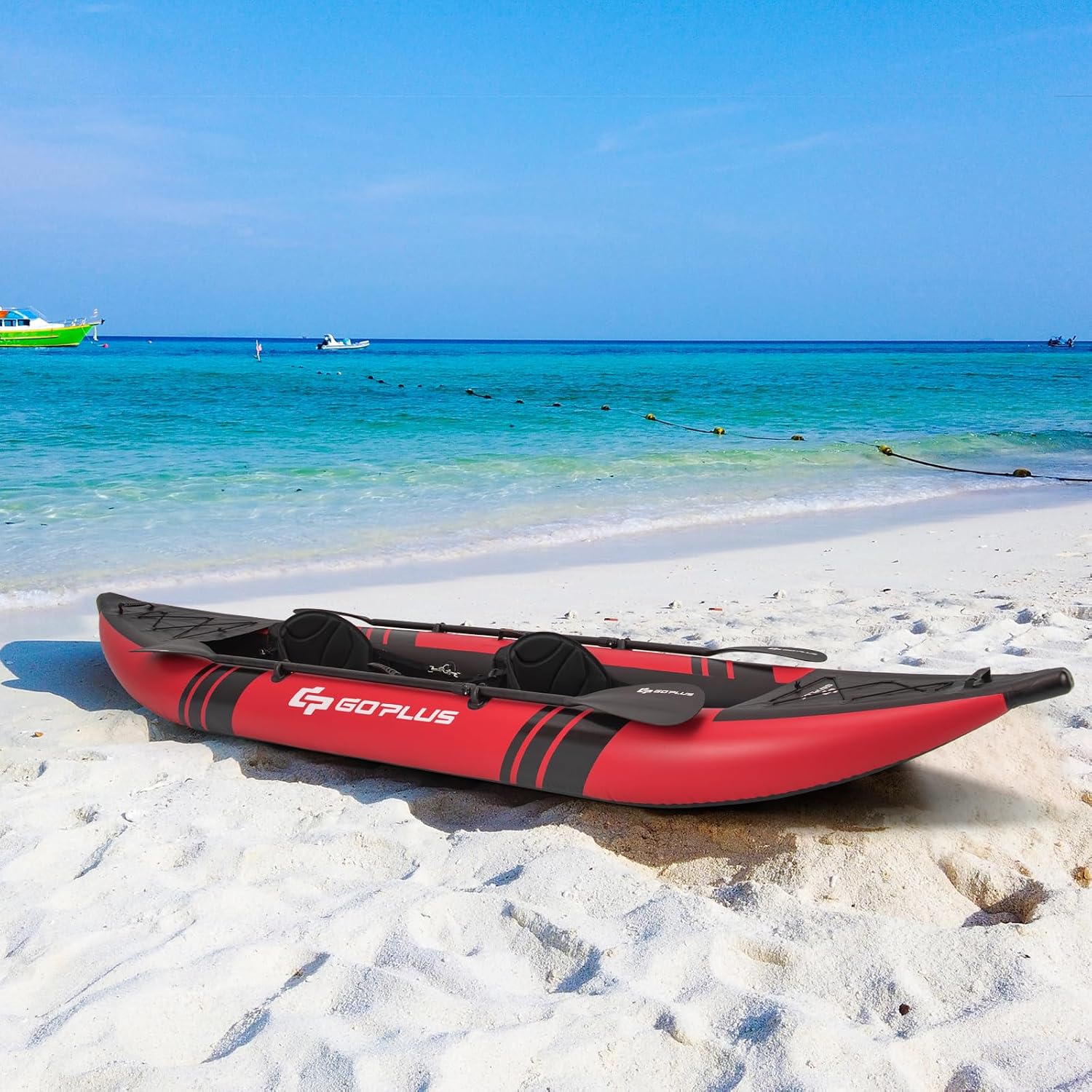 Goplus Tandem Inflatable Kayak, 12.5FT 2-Person Kayak for Adults w/507 LBS Weight Capacity, 2 Aluminium Oars, Padded Seat, 2 Fins, Hand Pump, Carry Bag, Repair Kit, Portable Touring Kayaks