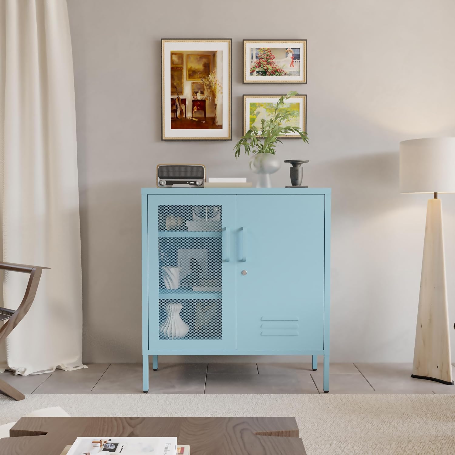 Blue Metal Storage Cabinet with Lock 3-Tier Freestanding Locker Organizer with Mesh Ventilated Door Multipurpose Accent Cabinet Locker Adjustable legs For Hallway, Living Room, Entryway, Home Office