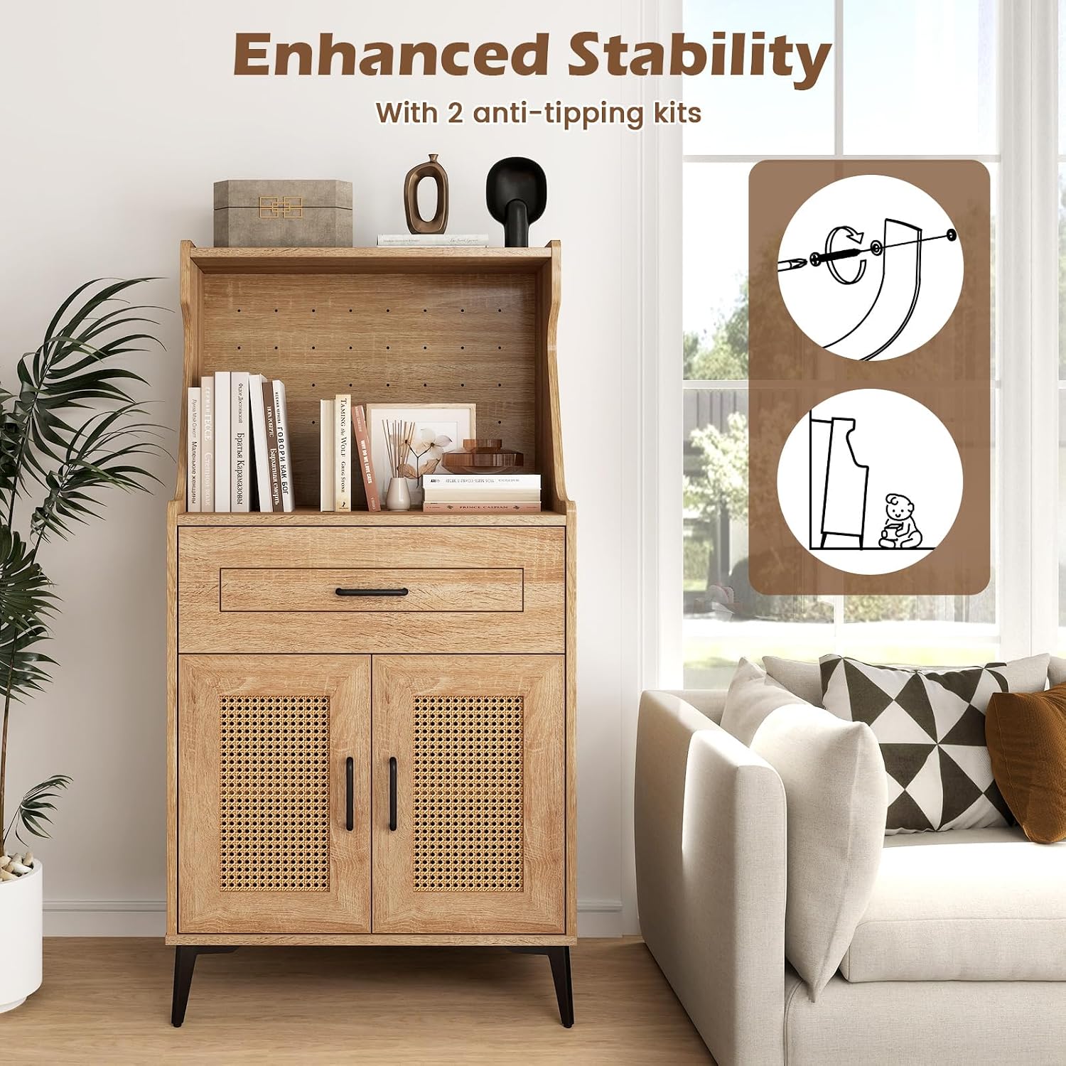 LDAILY Kitchen Pantry Cabinet, Rattan Buffet Cabinet with Hutch, DIY Pegboard, Adjustable Shelf, Drawer, Farmhouse Sideboard Buffet Cabinet with Storage for Coffee Bar, Natural Oak