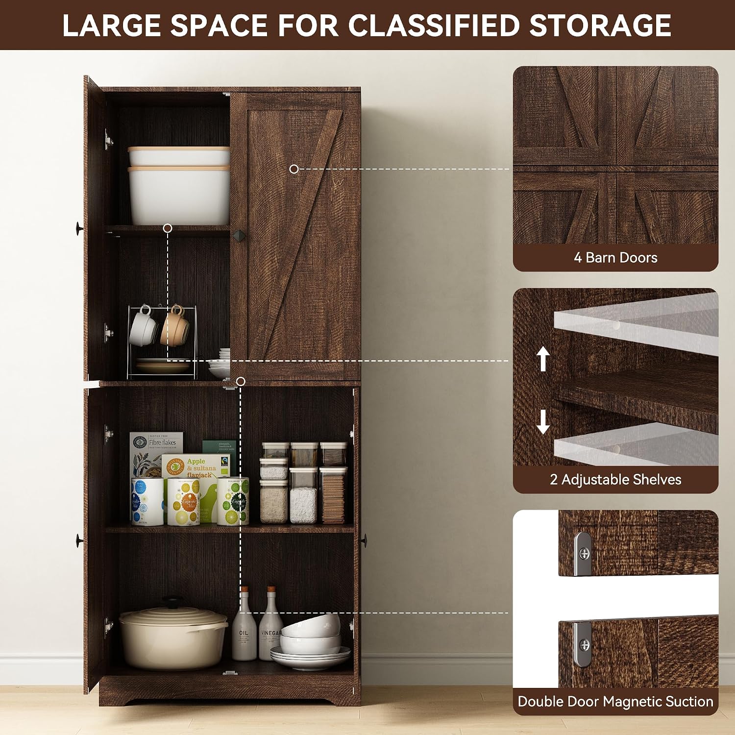 Kitchen Pantry Cabinet Set of 3, 72' Tall Farmhouse Storage Cabinet with 4 Barn Doors and Adjustable Shelves, Pantry Cabinet Versatile Storage for Kitchen, Living Room, Brown