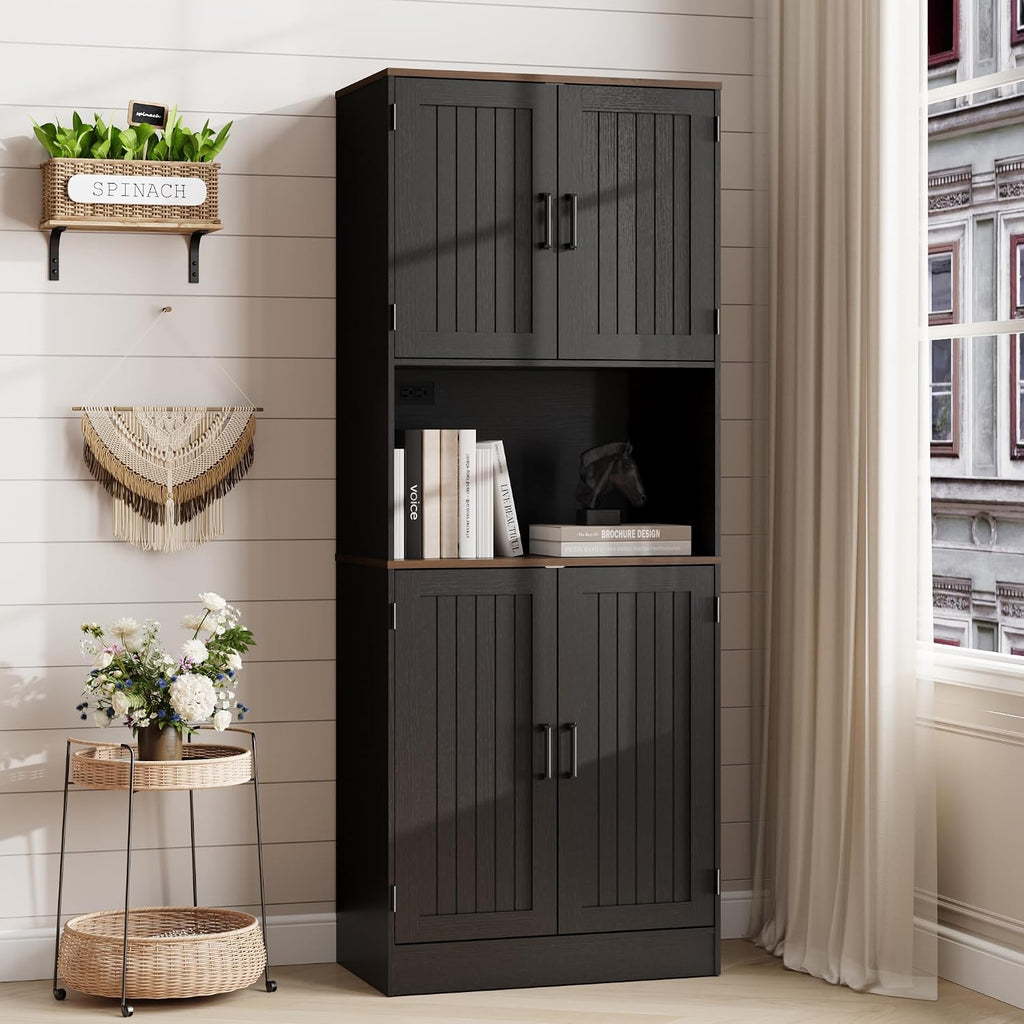 MHOM 71' Tall Pantry Cabinet with Charging Station, Farmhouse Kitchen Hutch with Adjustable Shelves, Modern Kitchen Pantry Storage Cabinet for Dinning Room & Living Room, Antique Black