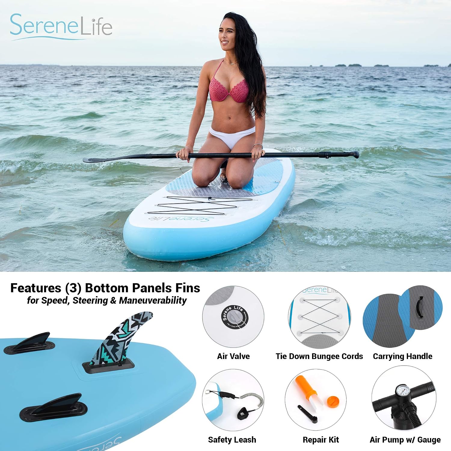 SereneLife Inflatable Stand Up Paddle Board - Wide Stable Design, Non-Slip Deck for Adults & Youth with Premium Paddle Board Accessories: Carry Bag, Dual Action Pump, Paddle, Ankle Leash - 10'