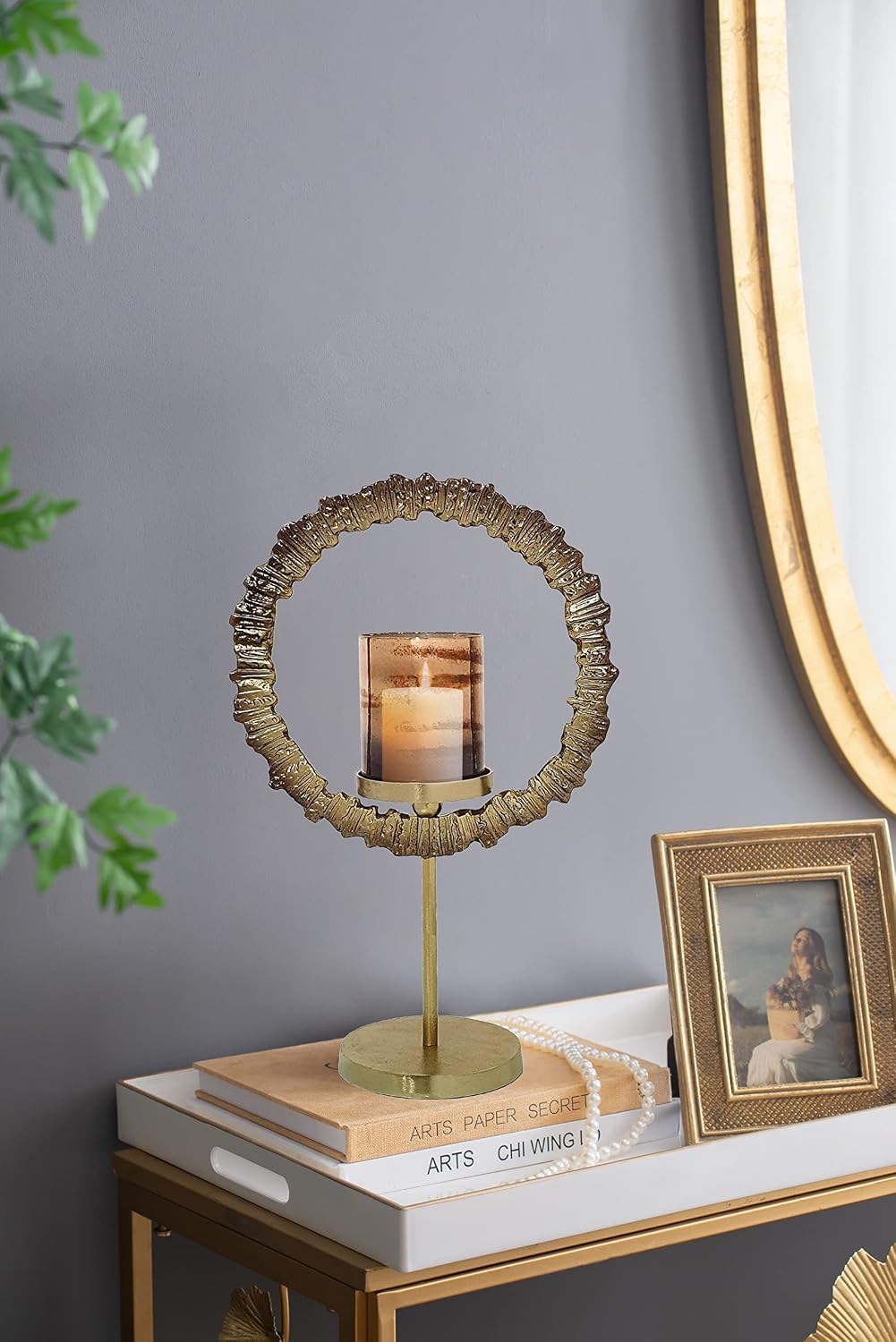 A&B Home Gold Ring Candle Holder - Large Candle Hoder with Glass Hurricane, Decorative Tabletop Lighting, Living Room Coffee Table Accent Piece Dining Table Centerpiece, 12' x 6' x 21'