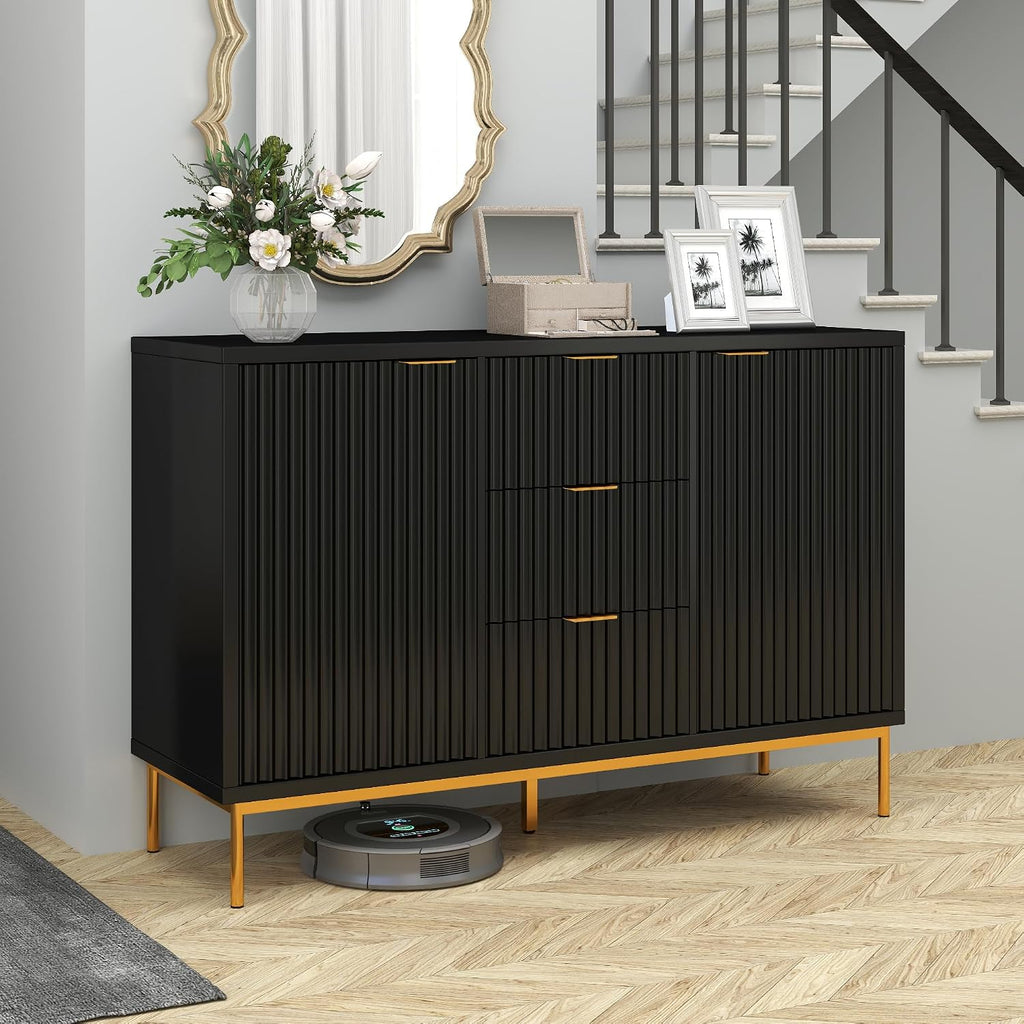 Real Relax Fluted Sideboard Cabinet, Modern Sideboard Buffet Cabinet with Storage, Coffee Bar Credenza Buffet Table with 2 Doors 3 Drawers for Kitchen, Living, Dining Room, Black