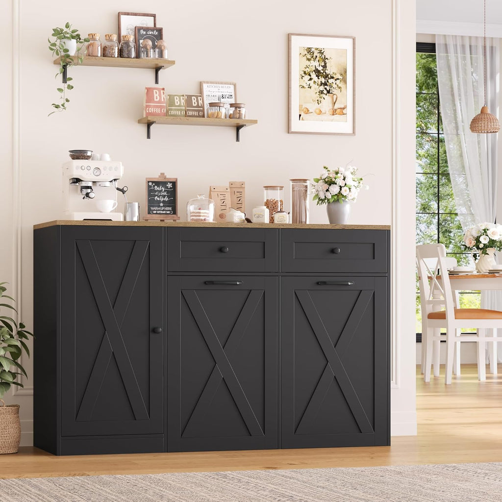 HOSTACK 12.5 Gallon Kitchen Trash Cabinet, 47' Double Trash Can Cabinet, Large Pull Out Can Storage Drawers, Wood Farmhouse Hidden Garbage Storage Buffet for Kitchen, Dining Room, Black
