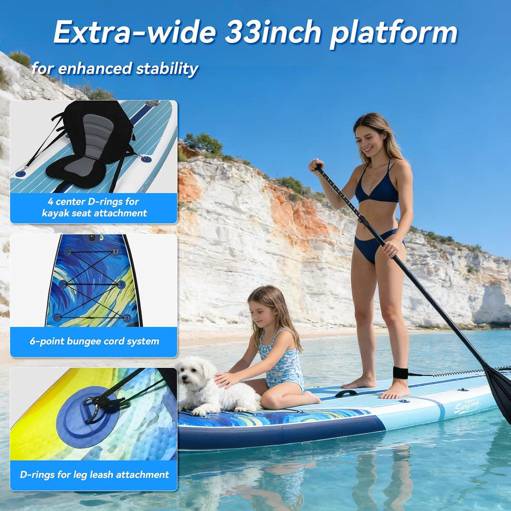 YUSING 11' Inflatable Stand Up Paddle Board with Kayak Seat, Non-Slip Deck SUP Paddle Board with Premium Kayak and SUP Accessories & Backpack, Portable Standing Boat for Youth & Adult