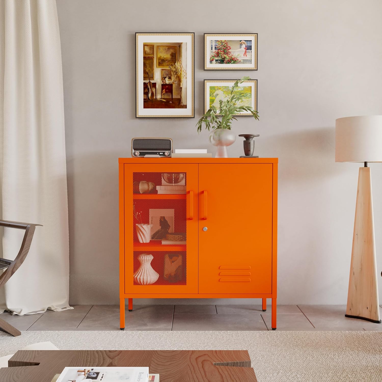 Orange Metal Locker CabinetsMetal Locker Storage Cabinet with Mesh Doors and Adjustable Shelves Coffee Bar Cabinet,Kitchen Pantry Storage Cabinets for Home, Office, Entryway and Hallway