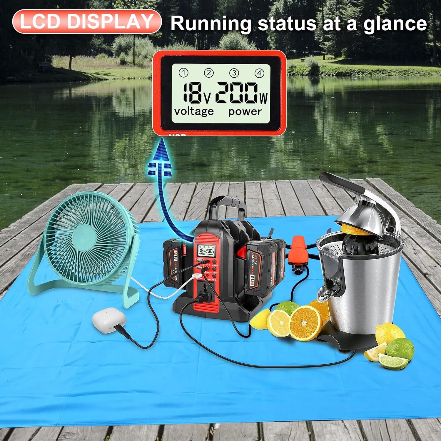 DC 18V to AC 120V Power Inverter Compatible with Milwaukee M18 18V Battery, 350W Pure Sine Wave Portable Power Inverter Converter with LCD Display and LED Light, 4 Battery Port