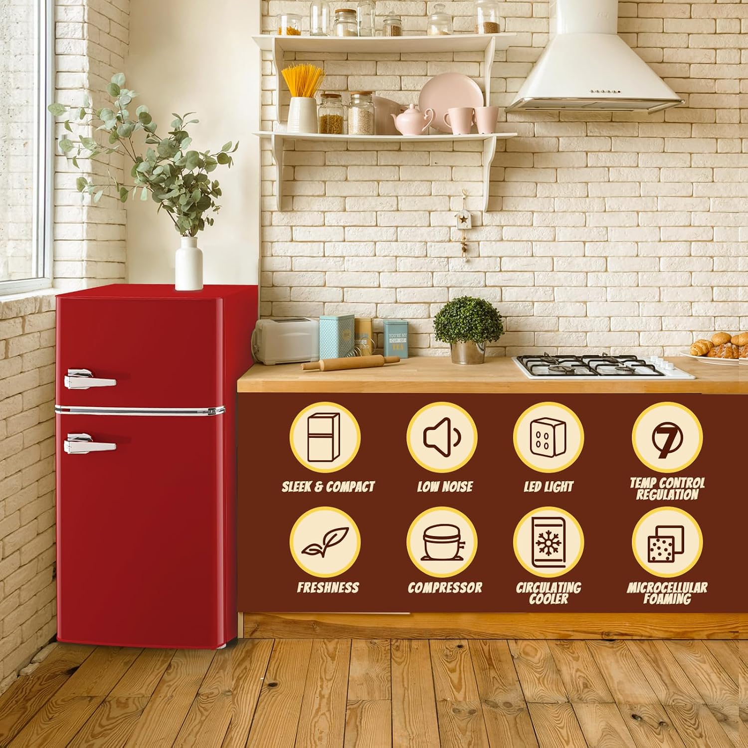 Small Fridge with Freezer Mini Refrigerator Double door Removable Glass Shelves 7 Temp Gear Detachable Handle Red