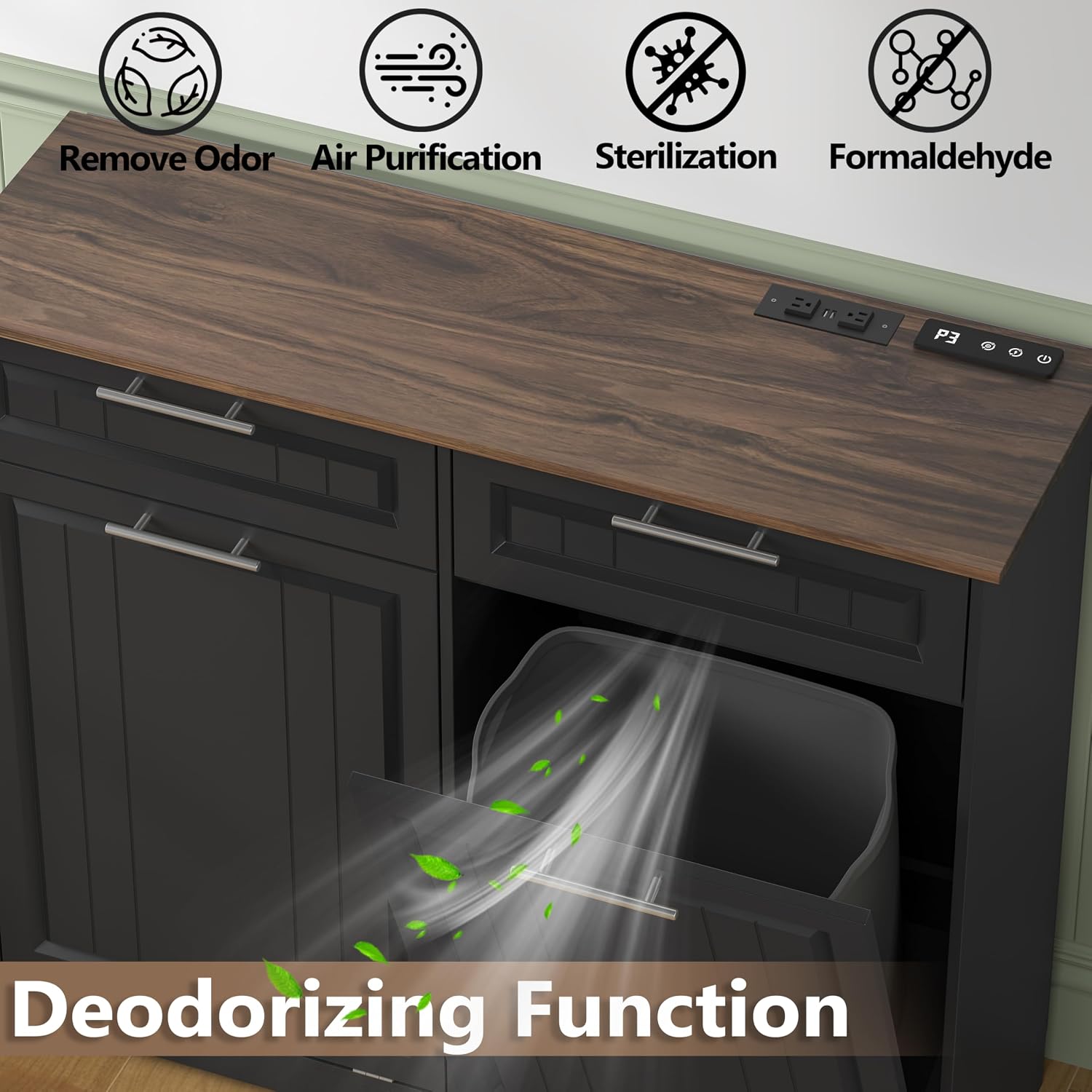 2 x 10 Gallon Double Tilt Out Trash Can Cabinet with Deodorizing Function & Charging Station, Hidden Laundry Hamper Cabinet with Storage Drawers, Garbage Can Holder for Kitchen, Bathroom, Black