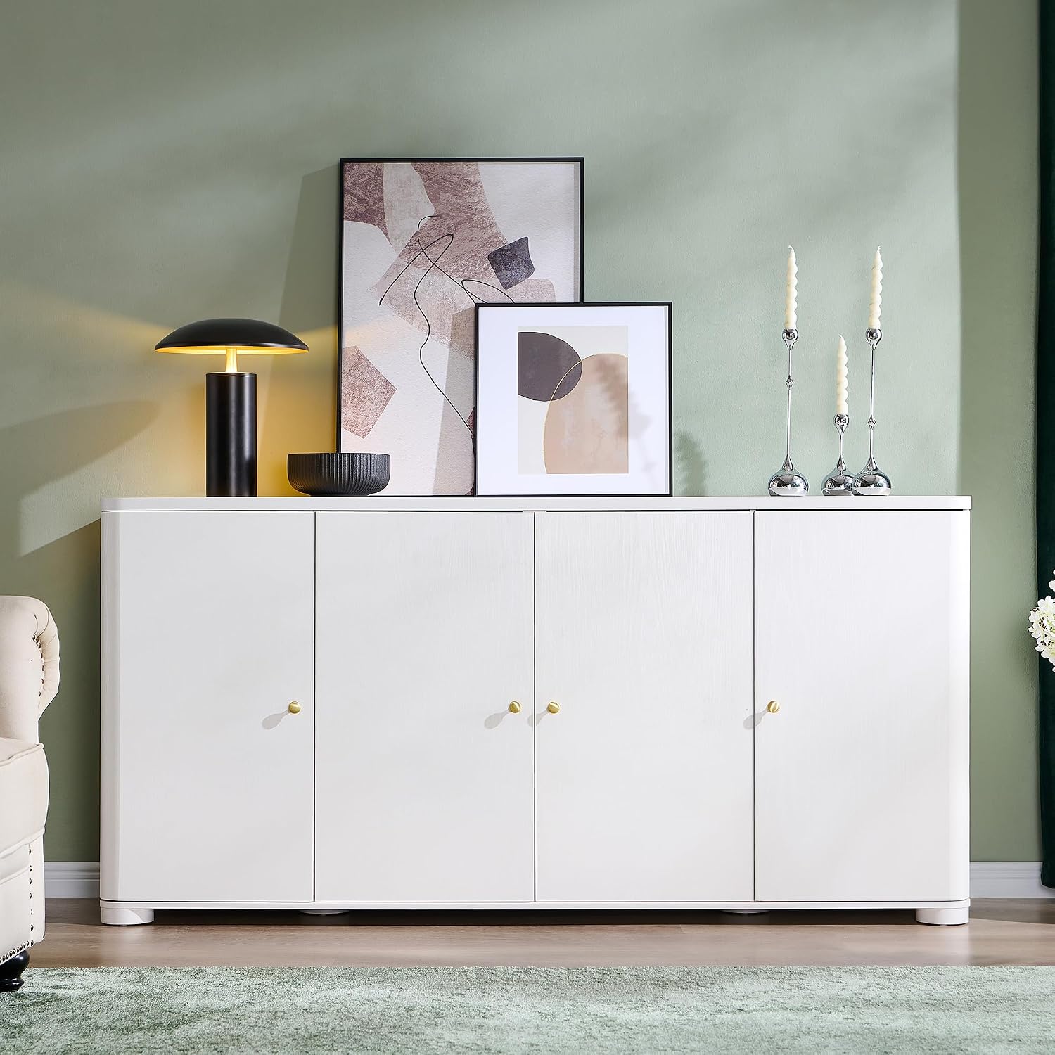 IFGET Curved Buffet Cabinet with Doors, 66' Large Sideboard Buffet Storage Cabinet with 4 Doors and Shleves, Modern Coffee Bar Station Wood Kitchen Table for Kitchen, Dining Room, White