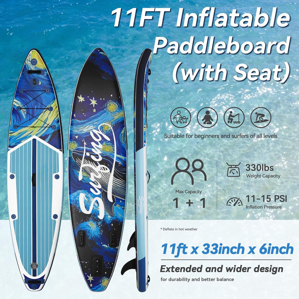 YUSING 11' Inflatable Stand Up Paddle Board with Kayak Seat, Non-Slip Deck SUP Paddle Board with Premium Kayak and SUP Accessories & Backpack, Portable Standing Boat for Youth & Adult