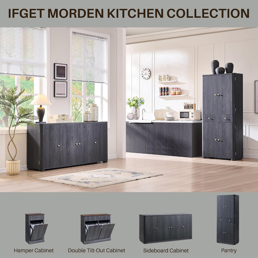 IFGET Curved Buffet Cabinet with Doors, 66' Large Sideboard Buffet Storage Cabinet with 4 Doors and Shleves, Modern Coffee Bar Station Wood Kitchen Table for Kitchen, Dining Room, Dark Grey