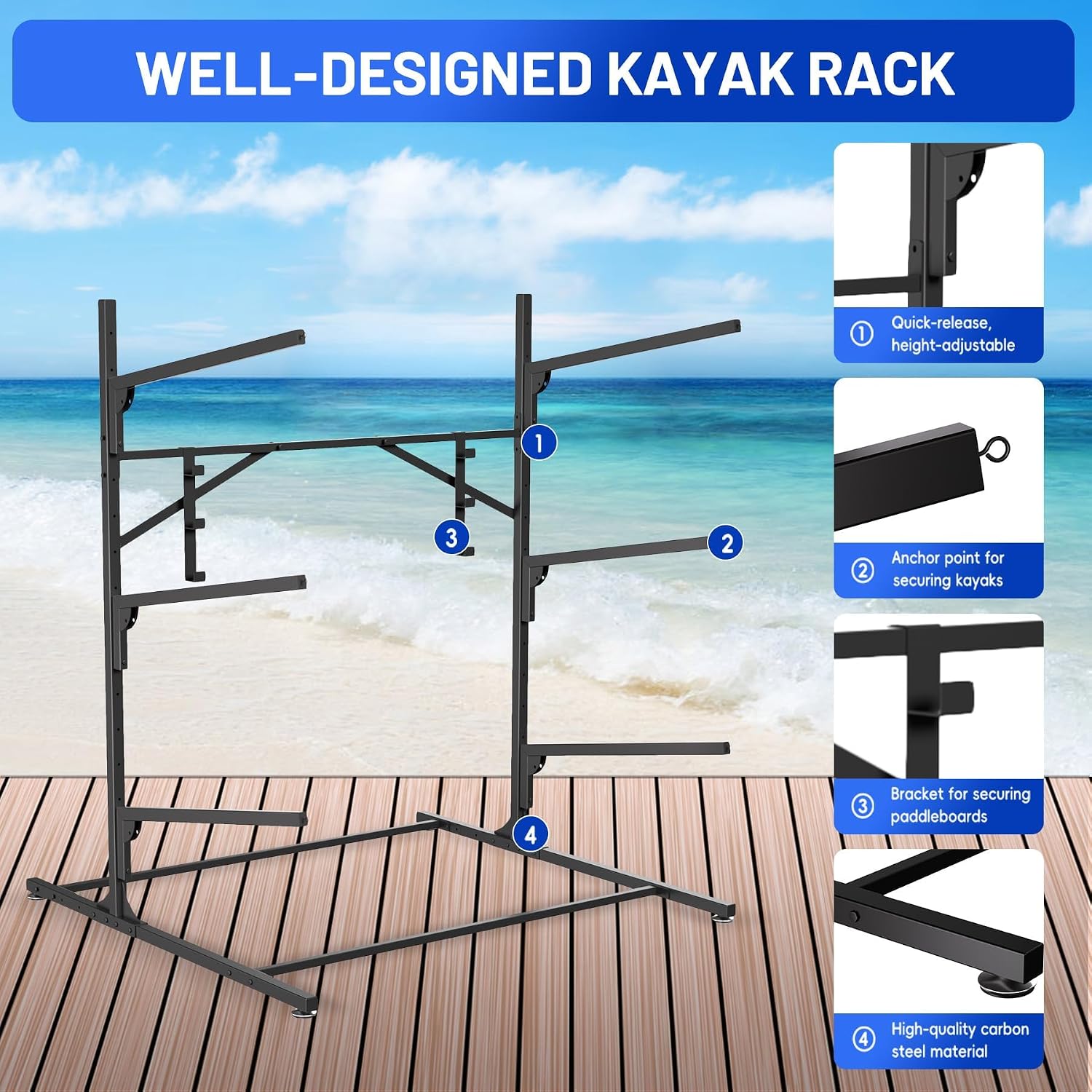 Takywep 4 Layers Kayak Storage Rack, Heavy Duty Metal Freestanding Outdoor Storage Rack for Canoe, Surfboard, Paddleboard and Skis Stand, Adjustable Hanger Kayak Rack for Garage, Easy to Assemble